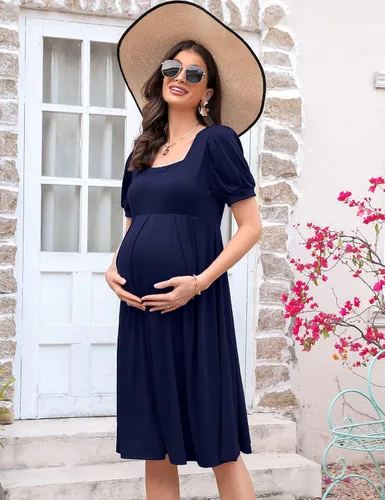 Vista 4 de MISSKY Vestidos de maternidad de manga corta para mujer, cuello cuadrado, fruncido, ropa de embarazo para uso diario o baby shower
