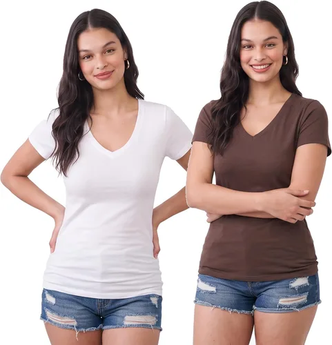 Vista 189 de Emmalise Camiseta de manga corta para mujer, cuello en V, tallas junior y plus