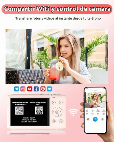 Vista 5 de Cámara digital 5K para fotografía 2 baterías 32GB tarjeta rosa