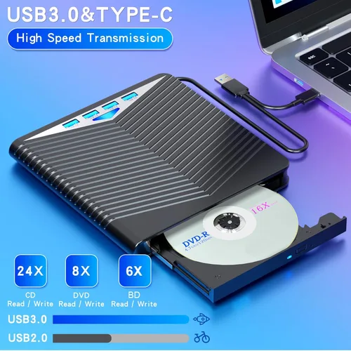 Vista 3 de Dainty Unidad Blu ray externa 7 en 1 lectura/escritura con quemador Bluray USB 3.0 y tipo C compatible con/Windows7-11 Mac OS Soporte para unidad