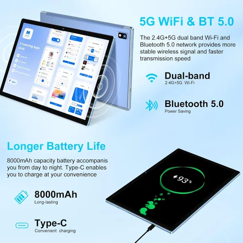 Vista 5 de Tablet Android 15 2025, tabletas Octa-Core de 10 Pulgadas 22 GB+128 GB+1 TB expandible, tableta electrónica 2 en 1 con teclado y ratón, batería