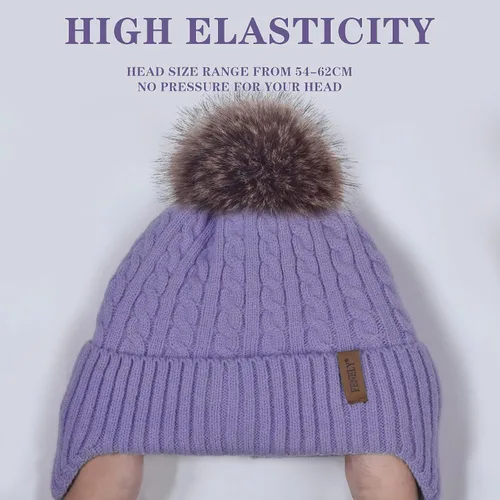 Vista 2 de Gorro de punto con pompón para mujer, gorro de invierno cálido con forro polar para mujer