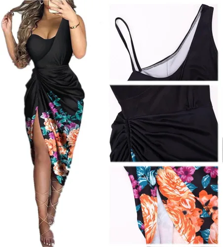 Vista 4 de Vestido sexy de lentejuelas para mujer, cuello en V, sin mangas, fruncido, con abertura, vestido midi para fiesta, cóctel, noche
