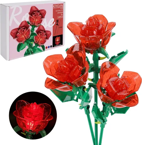 Vista 8 de Conjunto de construcción de ramo de flores de rosas KIYOJIN, colección botánica de planta artificial arcoíris compatible con Lego, regalo
