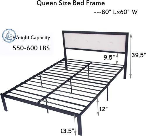 Vista 2 de LUCKYERMORE Base de cama de plataforma Queen de 12 pulgadas con cabecera beige, marco de cama de metal resistente con almacenamiento debajo