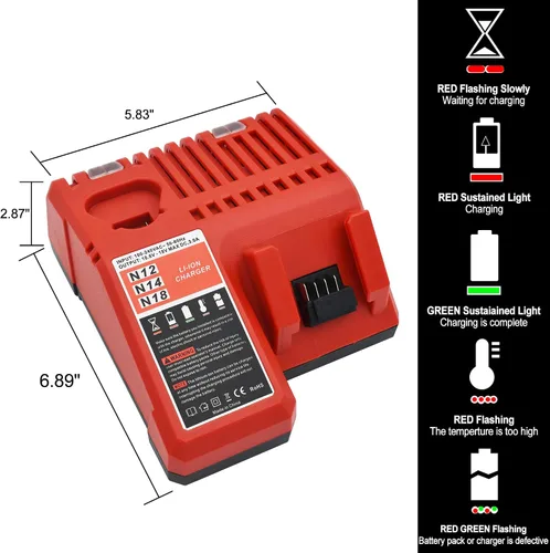 Vista 8 de Worthmah Paquete de 2 baterías de 5.0Ah 18V y cargador de repuesto para batería Milwaukee M18 48-11-1850, compatible con cargador de batería m18