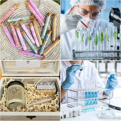 Vista 7 de Plastic Test Tubes with Cork Stoppers, 100 PCS 15 ML Clear Test Tube Set, 0.63 x 3.94 in Round Bottom Tubes 2 Mini Funnels & 2 Brushes for Bath