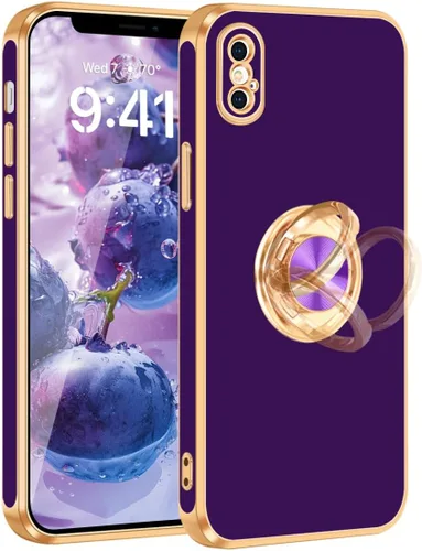 Vista 11 de Fingic Funda para iPhone X, iPhone Xs con soporte de anillo, soporte magnético giratorio de 360°, chapado en oro, borde dorado, delgada, suave, TPU