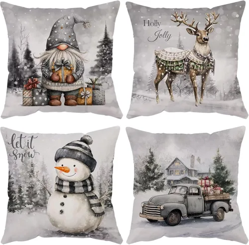 Vista 11 de Juego de 4 fundas de almohada de Navidad de 12 x 12 pulgadas, fundas de almohada de terciopelo de Navidad, fundas de almohada doradas y rojas