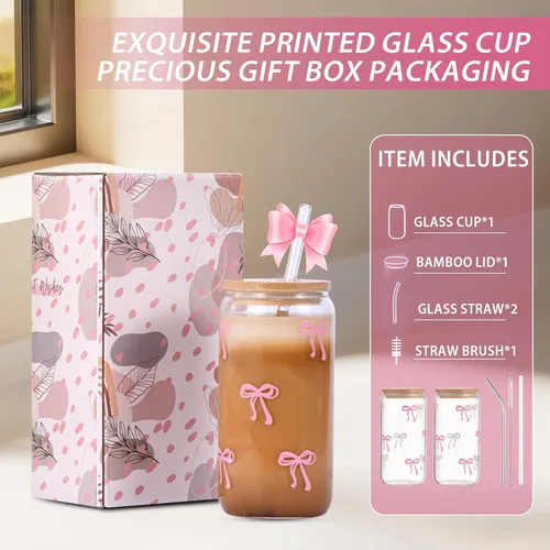 Vista 6 de Tazas de vidrio lindas con moño rosa y tapas y popotes, taza estética de café helado, taza de diseño preppy femenino, regalos de cumpleaños y San