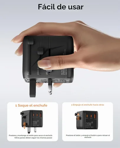 Vista 6 de ORICO Adaptador de viaje universal con 2 CA 2 USB-C y 1 conector USB-A, adaptador de corriente internacional PD 20W, cargador de pared esencial