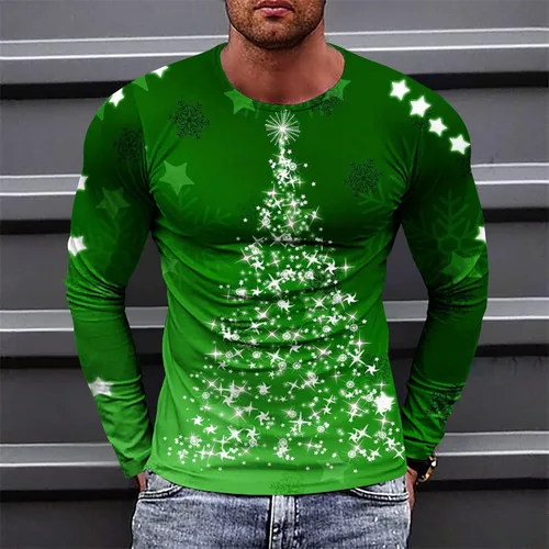 Vista 8 de Camisetas para hombre, diseño gráfico de Navidad, de manga larga, ajuste muscular, para gimnasio, entrenamiento, camiseta casual con cuello redondo
