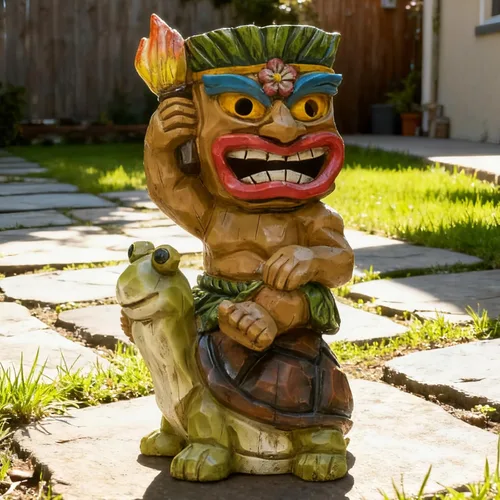 Vista 5 de Estatua de Tiki para exteriores con decoración de tortuga, figura de jardín con energía solar, arte Tiki para Tiki bar, patio trasero, jardín