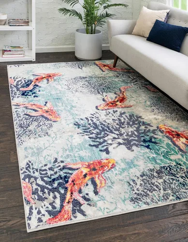 Vista 8 de Unique Loom Ariel Collection - Alfombra de área con diseño de pez dorado (4 pies 1 pulgada, redonda, multicolor)