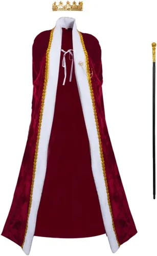 Vista 2 de Disfraz medieval de rey y reina, bata de terciopelo borgoña real, corona dorada y cetro renacentista, capa de señor del reino caballeresco