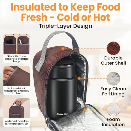 Vista 6 de Tarro de comida aislado de acero inoxidable, paquete de 2 unidades para trabajo y viajes, color negro Vacuum insulated thermos keeps soup/pasta