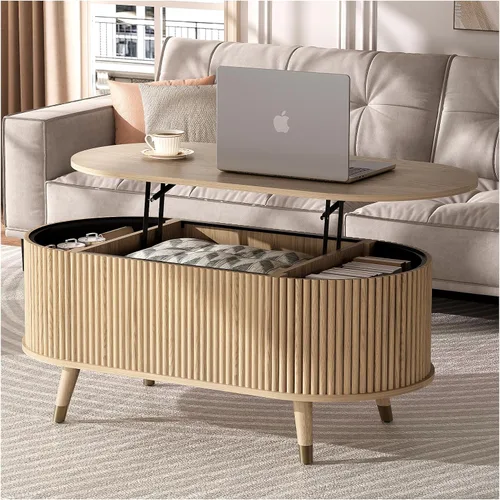 Vista 12 de JOINICE Mesa auxiliar ovalada de 42.5 pulgadas con almacenamiento, moderna mesa central negra con diseño estriado, patas de madera maciza