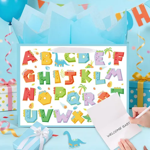 Vista 4 de woric Bolsa de regalo grande de 14.5 pulgadas, bolsas de regalo de cumpleaños azules con papel de seda y tarjeta de felicitación para niños y niñas
