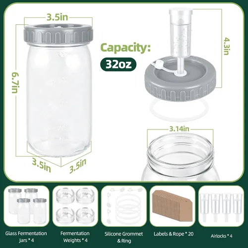 Vista 2 de Kit de frascos de fermentación de 32 onzas con pesas de fermentación y tapas de esclusa de aire, tarros de vidrio de boca ancha con marca de escala