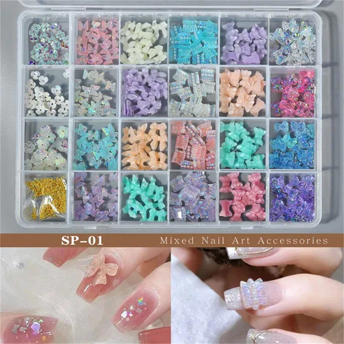 Vista 3 de 1 caja 3D lindo oso/pajaritas/mariposa resina decoración de uñas Aurora flores diseños holográficos adornos de uñas falda suministros de uñas