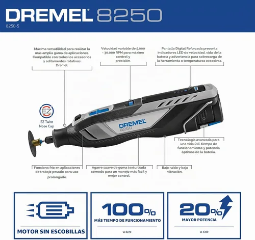 Vista 3 de Dremel 8250-5 Herramienta rotativa inalámbrica de velocidad variable de iones de litio de 12V con motor sin escobillas - 5 accesorios