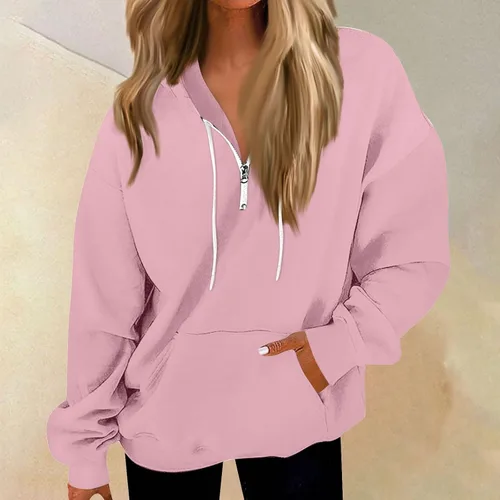 Vista 2 de Sudaderas con capucha con cremallera de un cuarto para mujer, sudaderas de gran tamaño con bolsillo para otoño e invierno