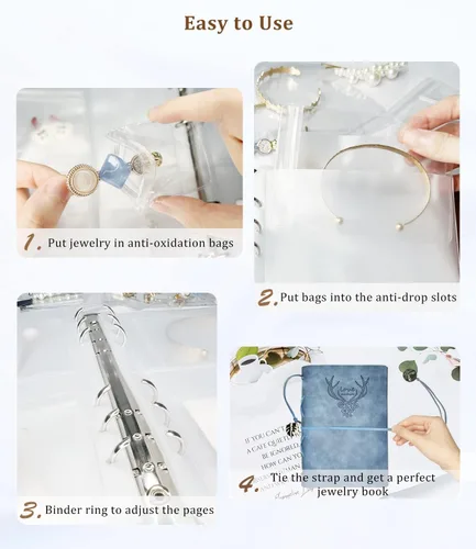 Vista 4 de Libro de almacenamiento de joyas, organizador de joyas de viaje de piel sintética con bolsillos anticaídas, folleto portátil para aretes con bolsas