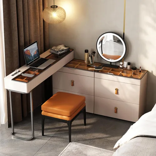 Vista 12 de Lartis Tocador de maquillaje con taburete, muy fácil de montar, combinación de gabinete de TV retráctil, tocador en uno, súper almacenamiento