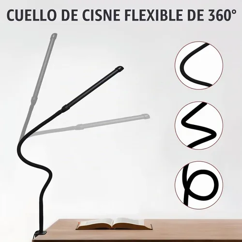 Vista 6 de Lámpara de escritorio LED con abrazadera, lámpara de abrazadera con modos de color ajustables, luz con clip con cuello de cisne flexible largo