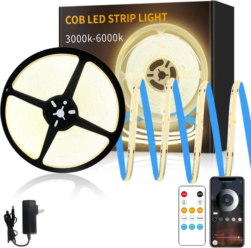 Vista 11 de Tira de luces LED COB de 32.8 pies, 3000 K, blanco cálido, regulable, CC de 24 V, cinta LED flexible para dormitorio, con control remoto