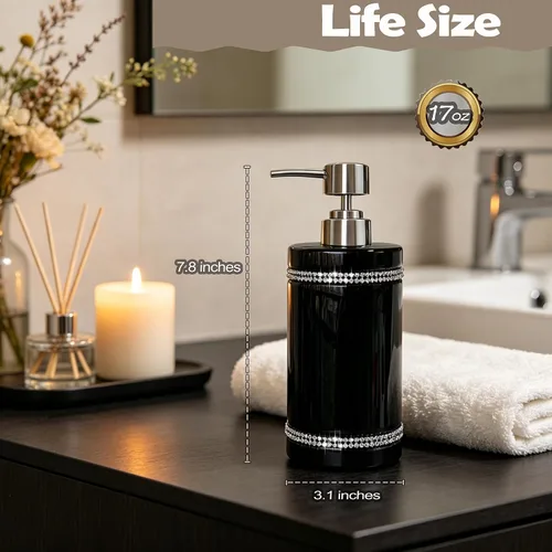 Vista 4 de Dispensador de jabón de cerámica negra con bomba plateada para baño, dispensador de jabón líquido de manos recargable, diseño de moissanita