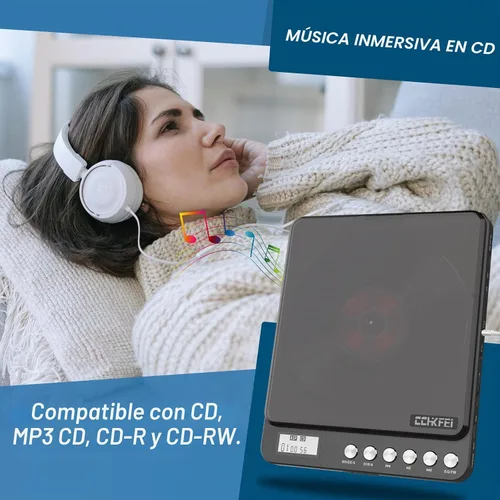 Vista 6 de Reproductor de CD portátil con Bluetooth y transmisor FM, reproductores de CD Bluetooth recargables de 2000 mAh con altavoces, conector