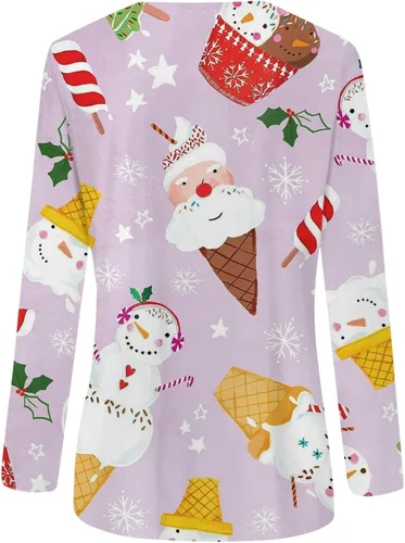 Vista 3 de RMXEi Camisas de Navidad 2023 a la moda, camisas de cuello redondo para mujer, camisas de Navidad casuales elegantes y holgadas