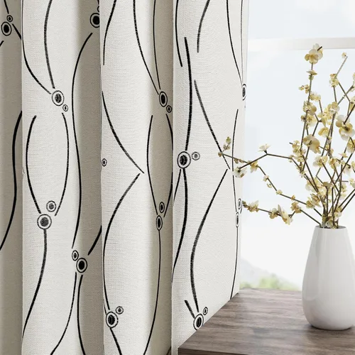 Vista 2 de Joywell Cortinas jacquard con ojales para sala de estar, 108 pulgadas de largo, línea ondulada negra con patrón de puntos, cortinas bordadas