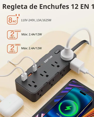 Vista 2 de Regleta de alimentación de 3 pies, cable de extensión con 8 salidas de CA + Negro