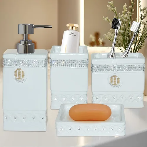Vista 5 de Juegos de Accesorios de Baño para Baño, Juego de Dispensador de Jabón de Baño Negro, Bomba Dispensadora de Líquido de Cerámica, 2 Vasos Tumbler