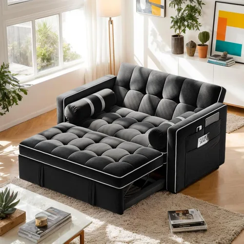 Vista 10 de Pipishell Sofá cama 3 en 1, sofá cama extraíble para sala de estar con puertos USB y bolsillos laterales, respaldo ajustable, sofá biplaza