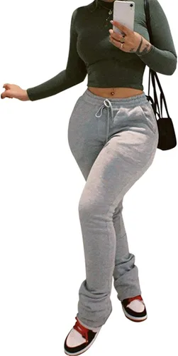 Vista 5 de Nituyy Pantalones deportivos de cintura elástica para mujer, pantalones casuales fruncidos con bolsillos y parte inferior apilada