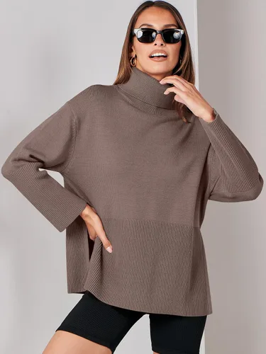 Vista 3 de ANRABESS Suéter de punto acanalado a rayas de cuello alto de gran tamaño para mujer, otoño 2023