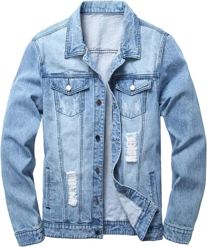 Vista 18 de LAMKUKU Chaqueta de mezclilla para hombre rasgada ajustada, abrigo de chaqueta vaquera para hombres