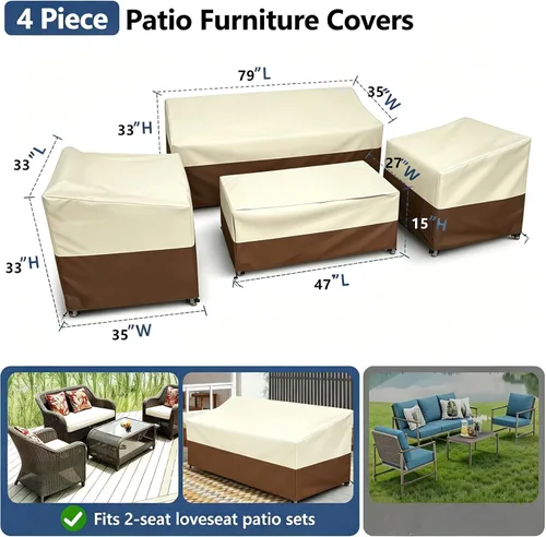 Vista 2 de STARTWO Outdoor Furniture Cover Waterproof, 600D Heavy Duty, 4 Piece Patio Furniture Set Cover for Outside Couch, Lawn Chairs, Coffee Table