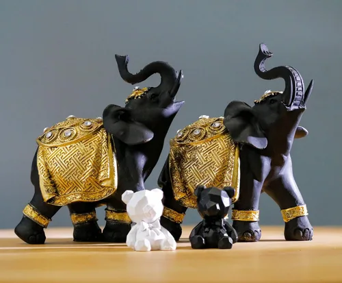 Vista 7 de Juego de decoración de elefante de la suerte con troncos – Feng Shui resina negro y dorado pareja elefante figuritas – Par de estatuas de elefantes