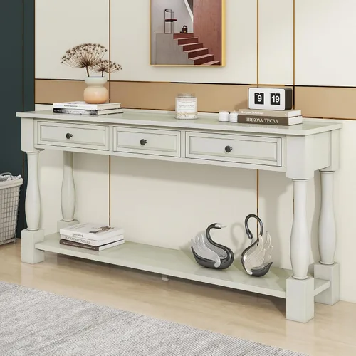 Vista 34 de JIVOIT Mesa consola rústica y elegante, mesa de consola rectangular de madera con cajones de almacenamiento y estante inferior para entrada Blanco
