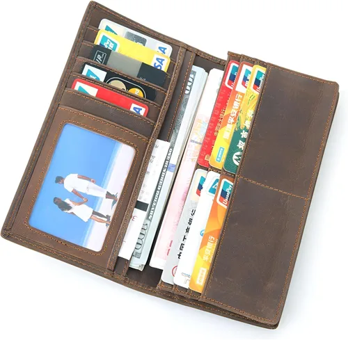Vista 7 de Cartera larga para hombre, doble pliegue, piel de vaca de grano superior, estampado de cocodrilo, múltiples ranuras para tarjetas., Marrón, Vogue