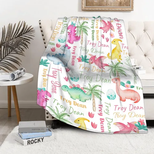 Vista 35 de Manta de regalo personalizada de dinosaurio con nombre para niñas, niños, recién nacidos, dinosaurio, manta personalizada para envolver al bebé