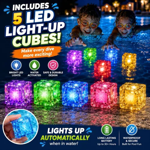 Vista 3 de JoyX - Juego de 35 piezas de juguetes de buceo para piscina con cubos LED, gafas y bolsa de transporte Glow-in-the-dark toys, 5 LED light-up