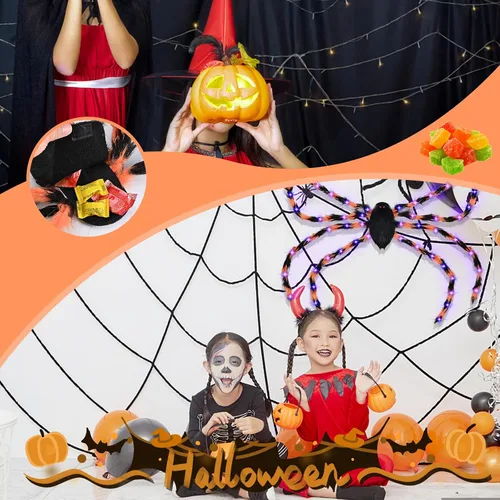 Vista 5 de Disfraz de araña de Halloween para niños y adultos, mochila de caramelo de araña de 64 LED, divertido disfraz de araña de felpa con luces