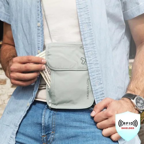 Vista 3 de Travelon Cartera de viaje con bolsa de cuello para ropa interior, Gris, Bolsa de cuello de ropa interior con bloqueo RFID