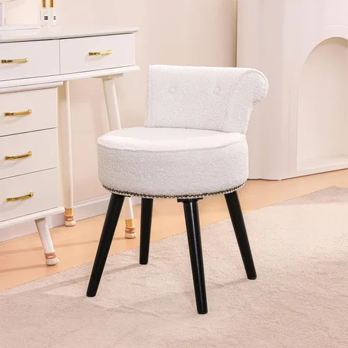 Vista 11 de Silla de tocador de terciopelo negro con respaldo pequeño, taburete de maquillaje, sillas acentuadas con botones sin ruedas, taburete de tocador