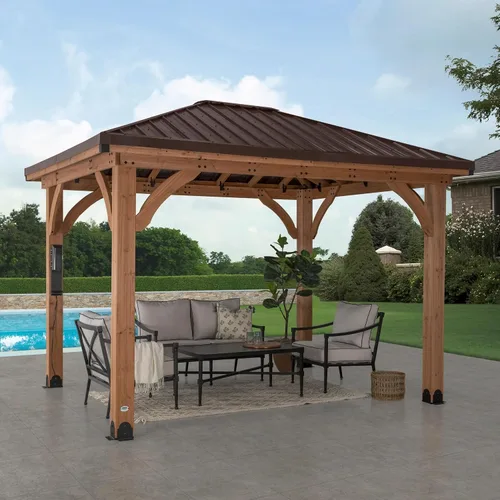 Vista 13 de Backyard Discovery Barrington - Pabellón Gazebo de madera de cedro para exteriores de 20' x 12' con techo rígido de acero galvanizado tipo cadera
